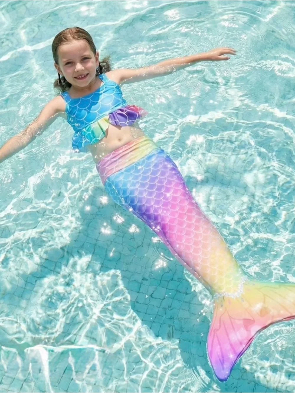 Girls size 5-6 Rainbow Mermaid Tail Swimsuit Set - Multicolor